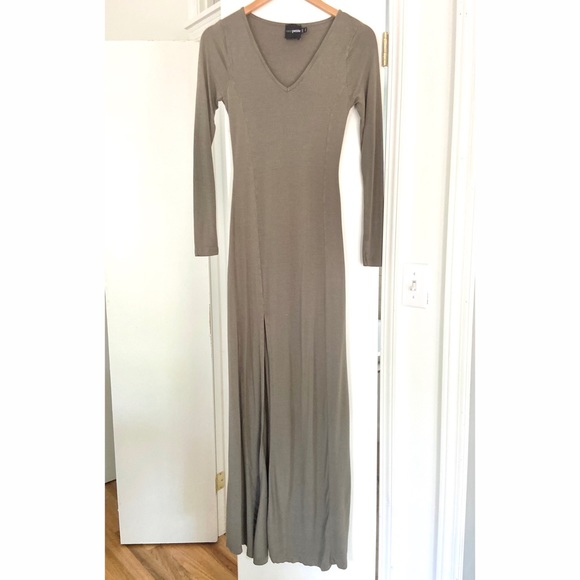 ASOS Petite Long Sleeved Olive Maxi Dress w Slit - Picture 2 of 10